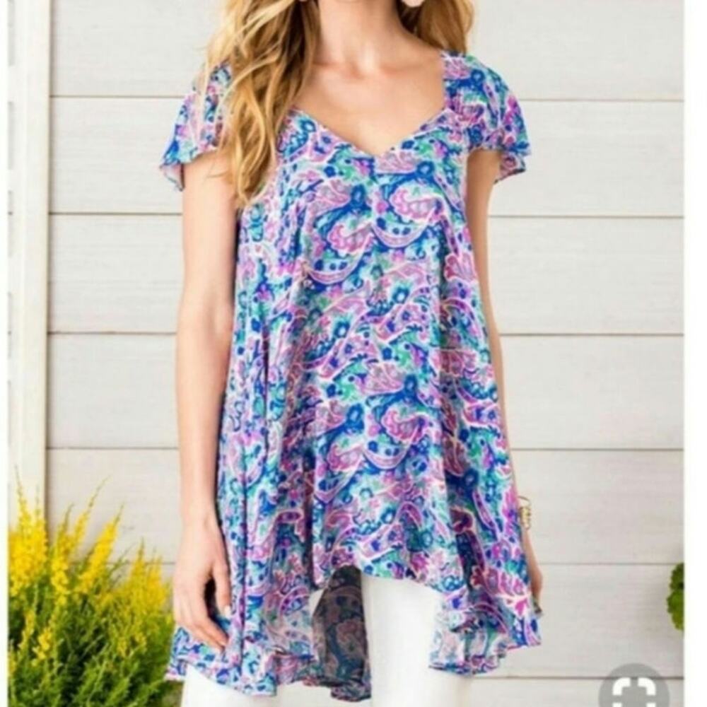 Matilda Jane XS Asymmetrical Paisley Tunic Top Relaxed Flowy Peasant Boho Preppy